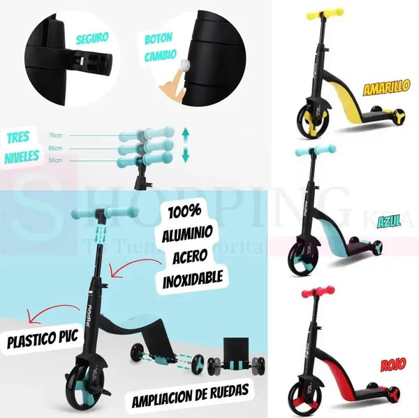 Scooter Monopatin 3 En 1 Triciclo Bicicleta Impulso